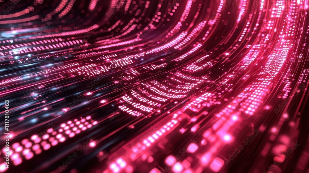 Poster flowing streams of light infused with binary patterns in a digital landscape