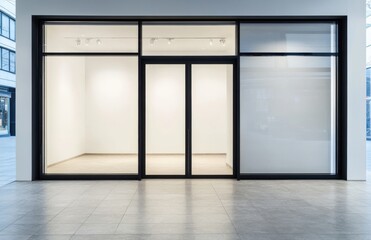 A large window with a black frame and a white background. The window is empty and the store is empty. Empty space for logo or text, mockup