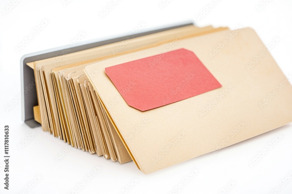 Poster stack of brown envelopes with red labels