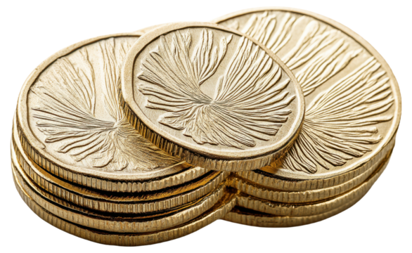 Stack of gold coins with intricate leaf-like pattern
