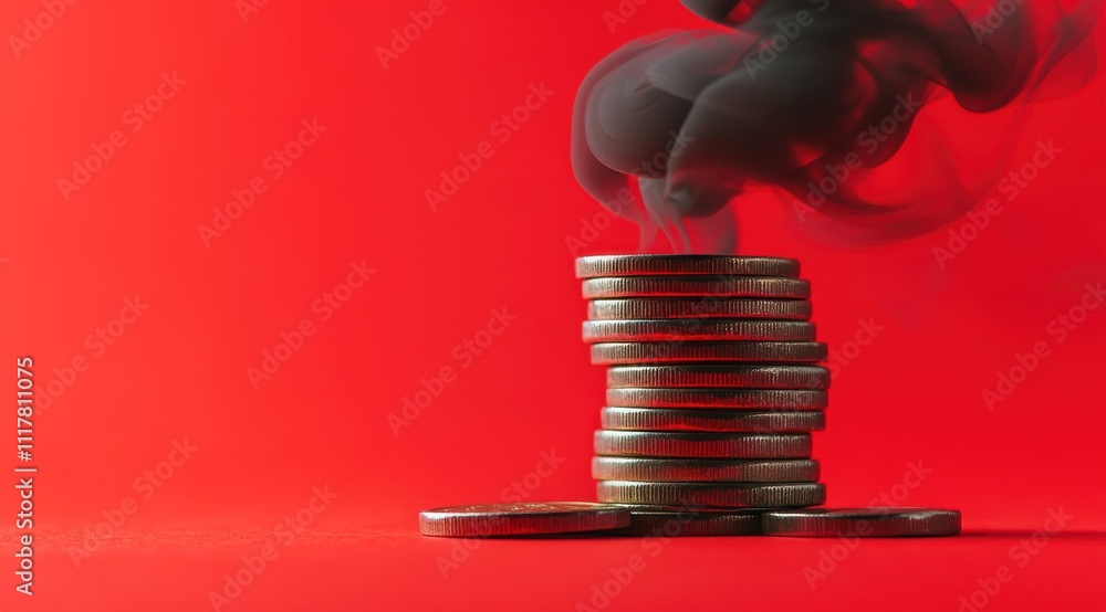 Poster a stack of coins on a red background with smoke coming out of them. the coins are piled on top of ea