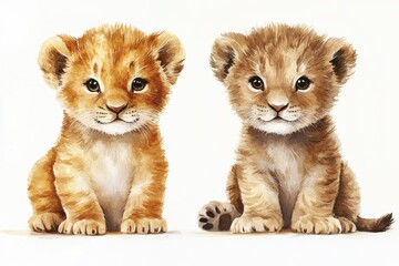 Two adorable lion cubs sitting side by side, showcasing their playful expressions.