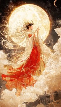 A celestial depiction of Amaterasu, the sun goddess, radiating warmth and light