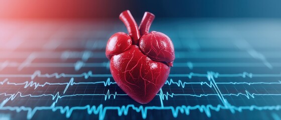 Red Anatomical Heart Model on Background with Heartbeat Graph
