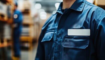 A man in a blue uniform stands in front of a shelf of boxes. He is wearing a name tag on his shirt. Empty space for logo or text, mockup