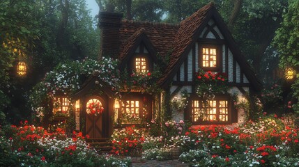 Obraz premium A charming cottage surrounded by vibrant flowers in a serene forest setting.