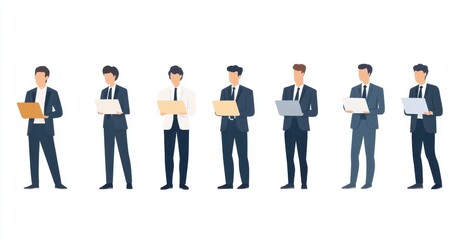 A group of men in suits are standing in a line, each holding a laptop. Concept of professionalism and focus, as the men are likely working or attending a business meeting