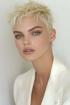 A beautiful woman with short pixie cut blonde hair