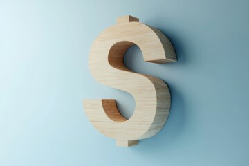 Naklejka premium A wooden dollar sign is displayed on a blue background. The dollar sign is made of wood and he is a 3D model. Concept of creativity and uniqueness