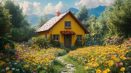 Fototapeta premium A charming yellow cottage surrounded by vibrant flowers and mountains under a blue sky.