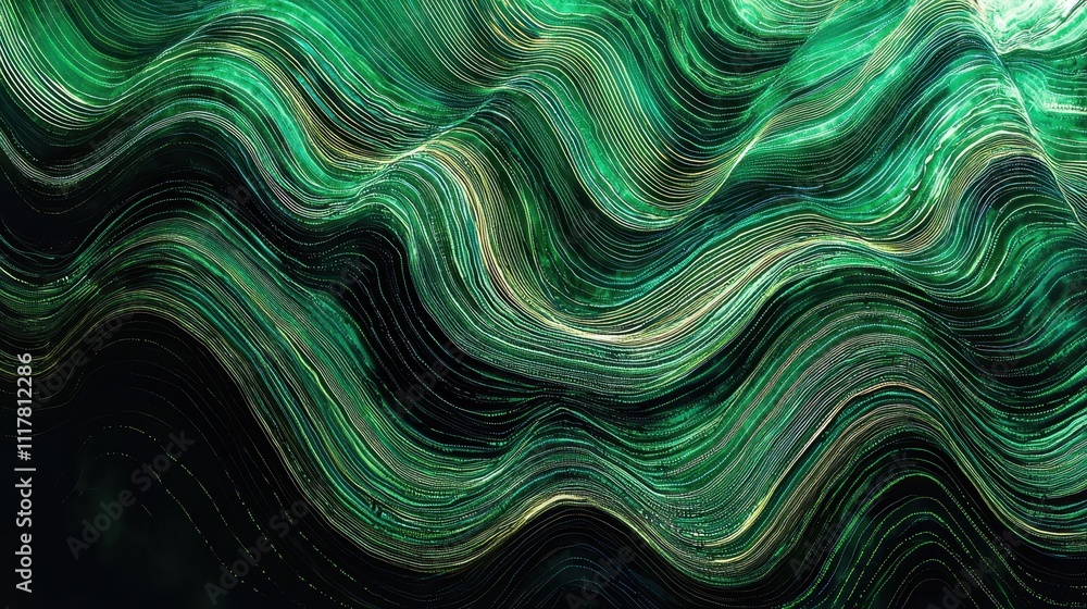 Poster flowing streams of light infused with binary patterns in vibrant green hues