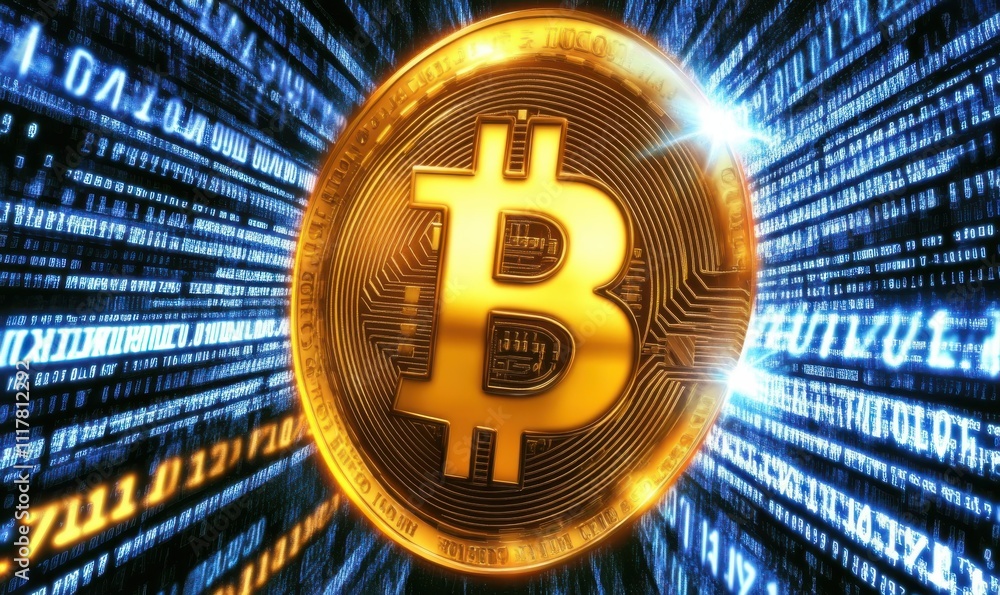 Poster a golden bitcoin is shown in a blue background. the coin is surrounded by a series of numbers and le