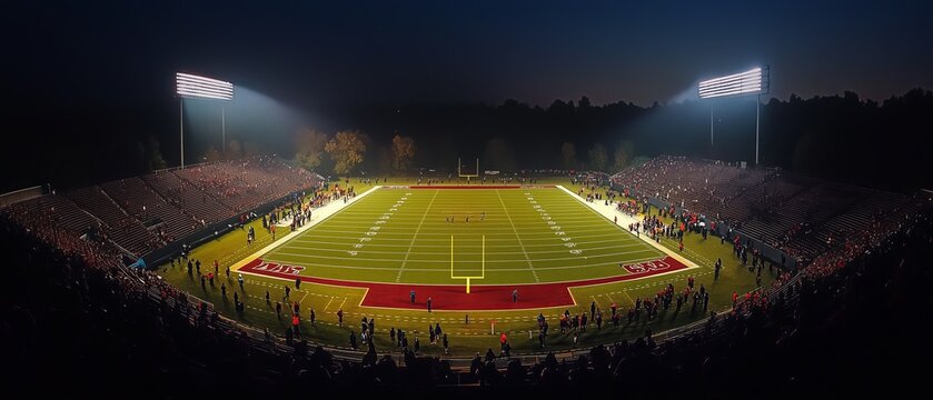 Exciting night football game at a vibrant stadium with enthusiastic fans and bright lights illuminating the field