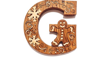 Wooden letter G puzzle with gingerbread man design, carved snowflakes and swirls.
