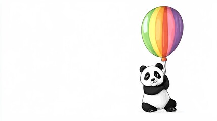 Playful Panda Bear Holding Colorful Rainbow Hot Air Balloon