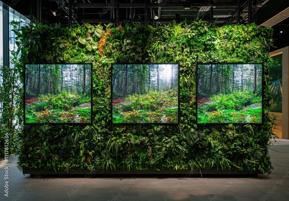Poster three large monitors are mounted on a wall, each displaying a forest scene. the wall is covered in g