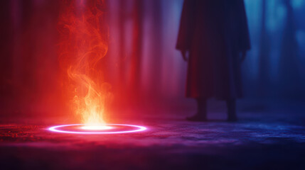 Fototapeta premium mysterious sorcerer stands near glowing purple circle of fire in dark forest, creating enchanting and mystical atmosphere