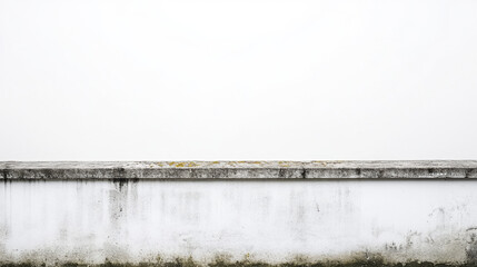 Minimalist white concrete wall with subtle textures and weathered marks against an overcast sky, creating a serene and simplistic scene.