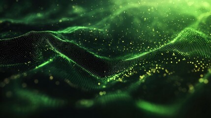 Abstract Green Digital Landscape: A mesmerizing visual of flowing data points creating a dynamic, undulating terrain.