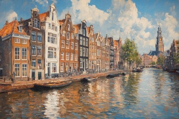 Naklejka premium A serene urban canal scene with buildings and boats