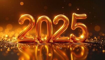 Golden 2025 New Year Celebration Balloons on Glittering Surface Festive Background