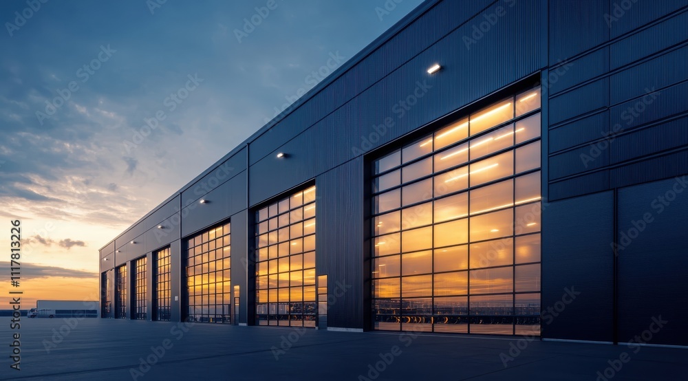 Poster a large building with many windows and a large garage door. the building is mostly dark, but the win
