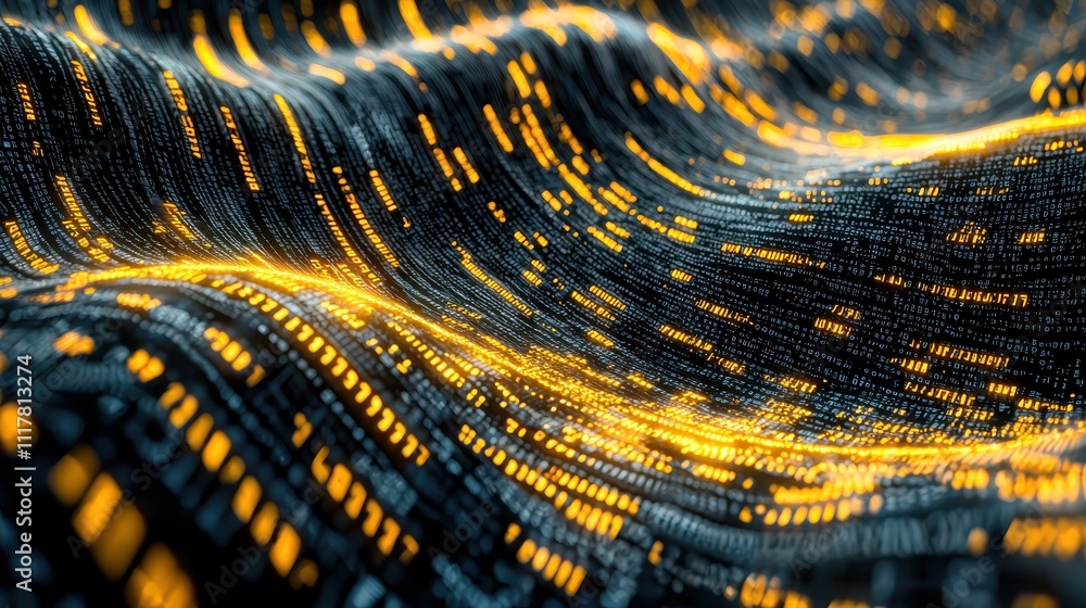 Poster flowing streams of light infused with binary patterns in vibrant digital aesthetics
