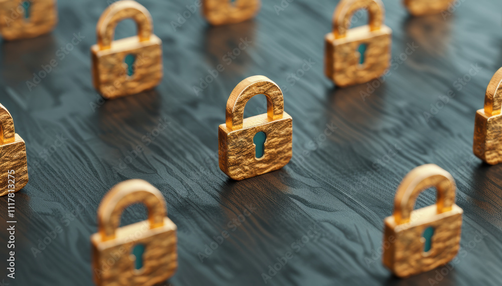 Poster multi-layered security visualization for digital assets, a collection of golden padlocks arranged on