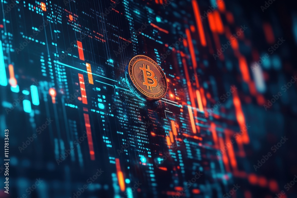 Poster a coin with the bitcoin logo is floating in a sea of colorful lines. concept of chaos and confusion,
