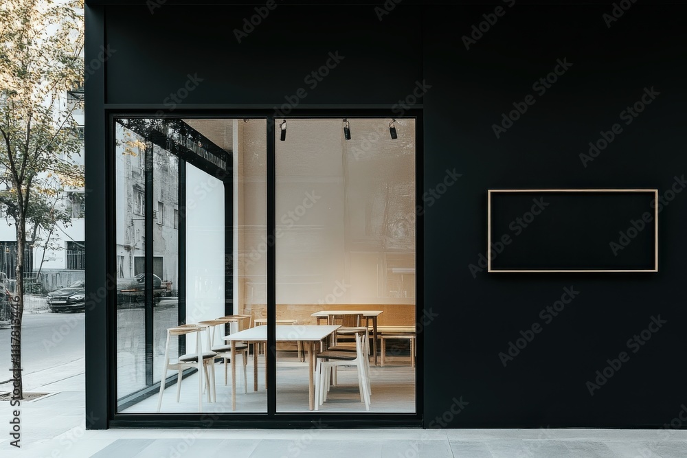 Poster a black building with a large window and a sign on the wall. the window is covered with a white curt