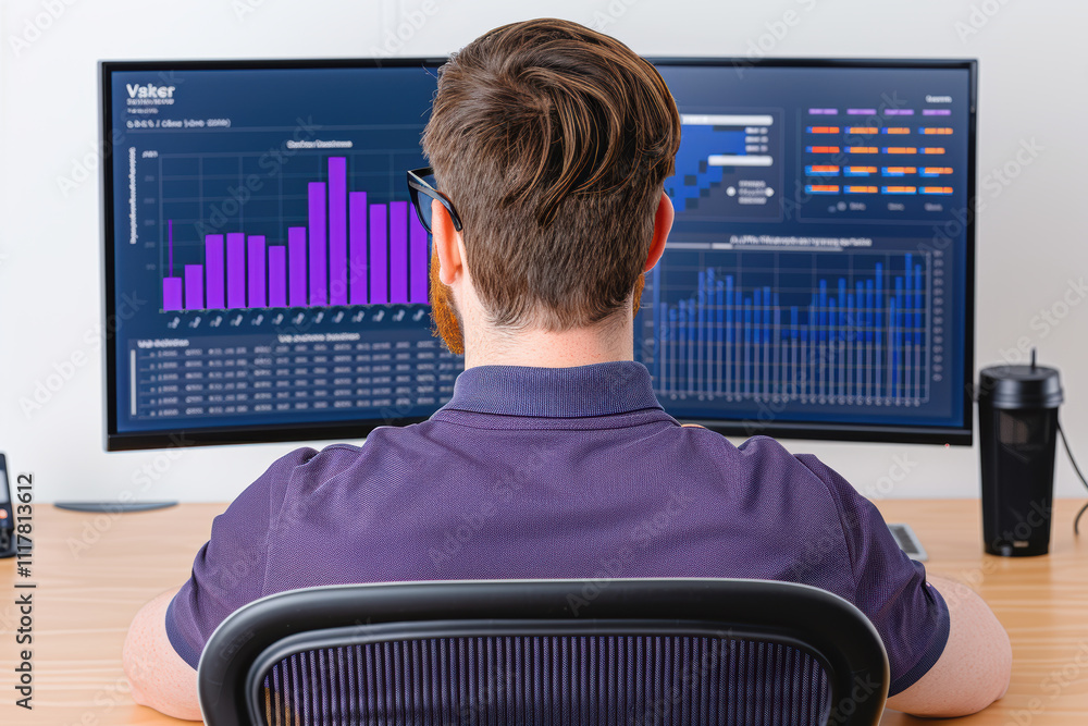 Poster network administrator conducting a system audit, a focused professional analyzing data trends on dua