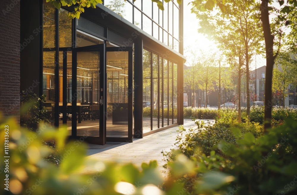 Aufkleber a building with a large glass door and a large window. the building is surrounded by trees and bushe