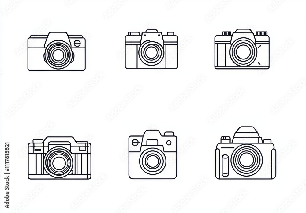 Poster a series of six different camera icons. each one has a different design and color scheme. the first 