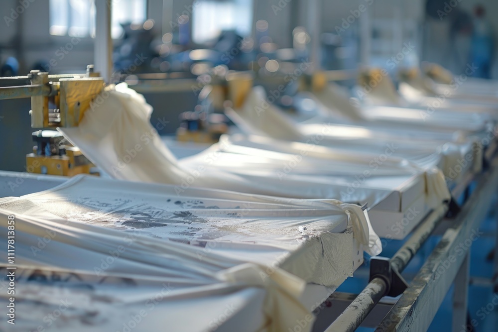 Aufkleber Workers operate machinery and manage materials on a busy production line in a modern factory setting