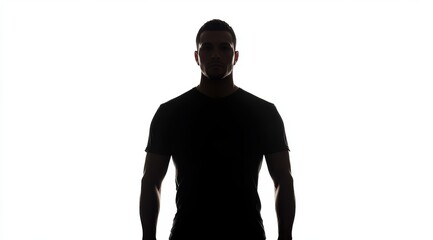 Fototapeta premium A man in a black shirt stands in front of a white background. The image has a moody and mysterious feel to it, as the man is the only visible figure in the scene
