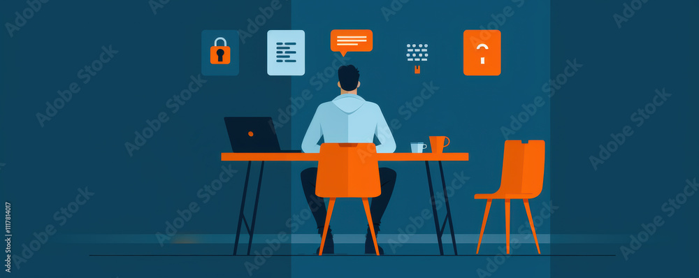 Poster man presenting secure password management techniques, a professional man working on a laptop while e