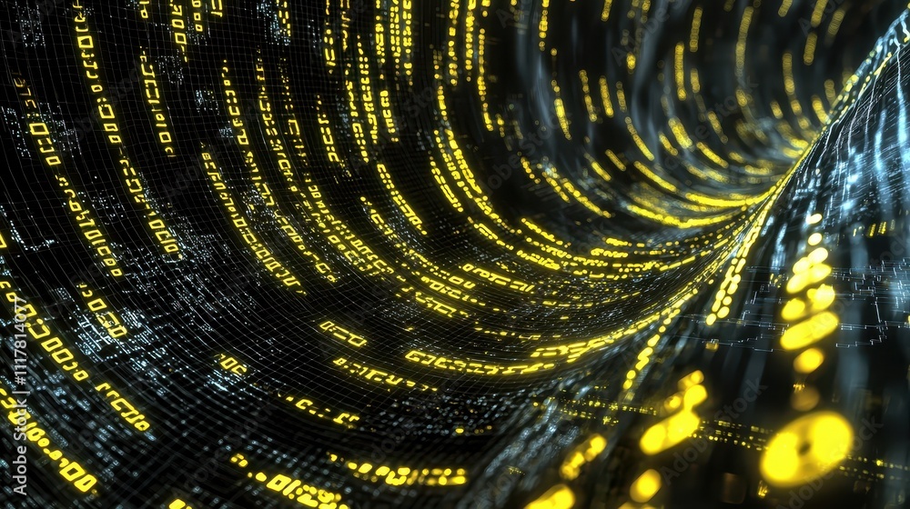Poster flowing streams of light infused with binary patterns in a dynamic digital landscape