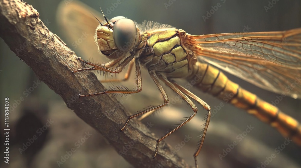 Aufkleber a close-up shot of a dragonfly resting on a branch, showcasing its delicate features