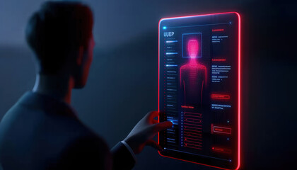 Obraz premium AI monitoring user access and network security, A person interacting with a futuristic tablet displaying holographic health data in a dark, modern environment.