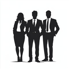 Three men and a woman are standing together in business attire. They are all wearing ties and looking confident. Concept of professionalism and teamwork