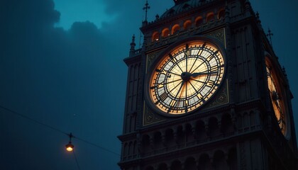 Illuminated Clock Tower at Night Dramatic Low Angle View Cityscape Architecture Time Passing