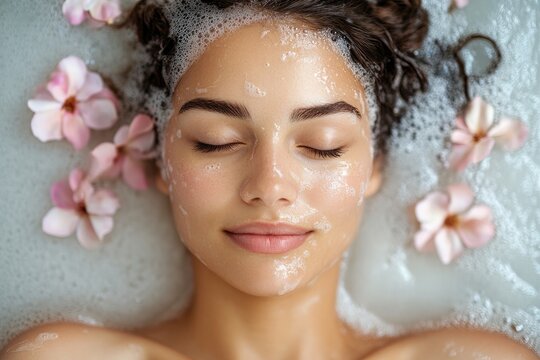 Beautiful woman relaxing in milk bath with foam and pink flowers, enjoying spa treatment - Powered by Adobe