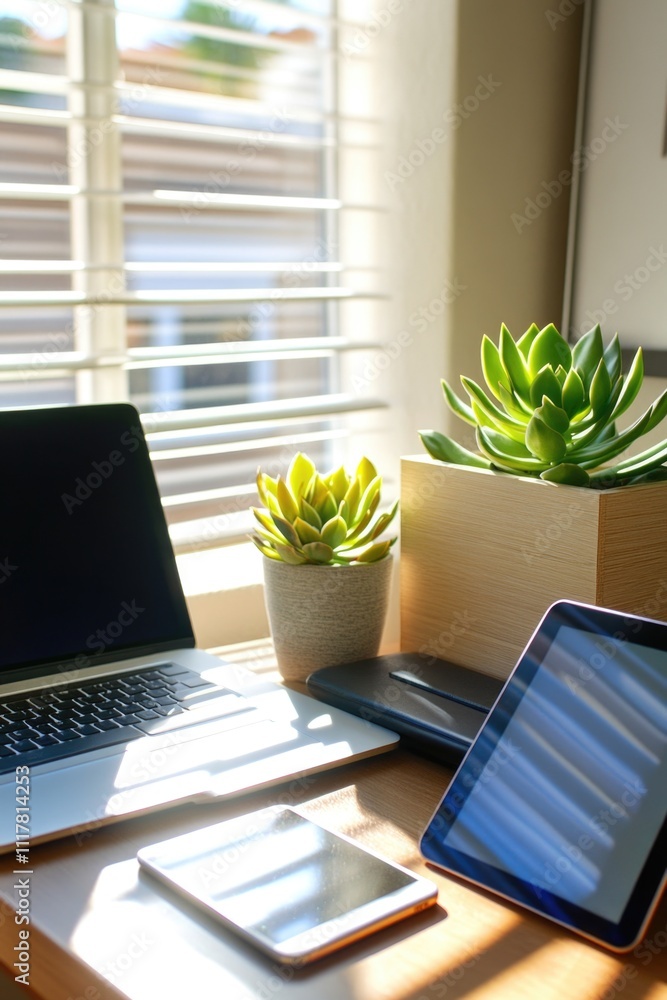 Poster a desk with two laptops and a phone, perfect for working or studying