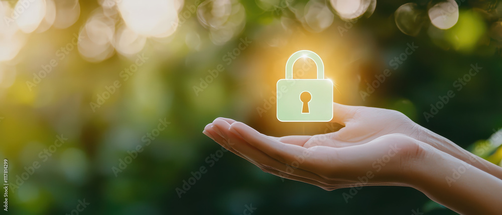 Poster hand holds glowing padlock symbolizing security and protection in natural setting. image conveys sen
