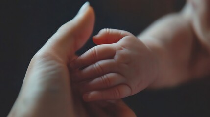 A baby's tiny hand reaching out to grasp an adult's finger.