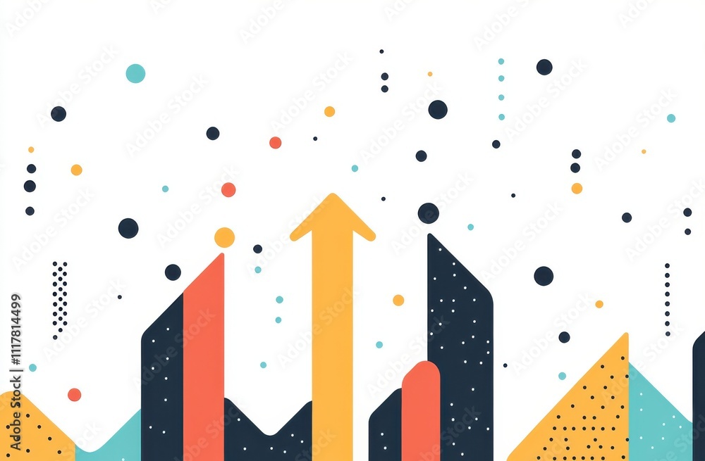 Poster a colorful cityscape with a large arrow pointing upwards. concept of progress and growth, as the arr