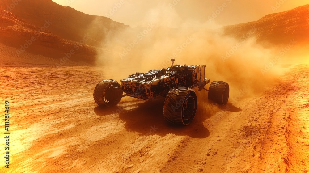 Poster rover on mars deploying sensors in challenging terrain with dust and rocky landscape