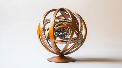Intricate bronze sculpture with interlocking rings and a central reflective sphere against a white background.