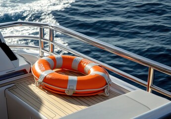 A life preserver sits on a boat's railing. The life preserver is orange and is placed on a wooden deck