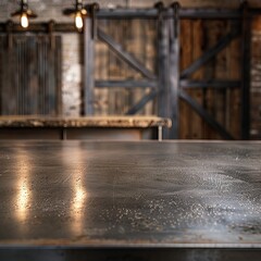 Rustic metal table top with blurred industrial background.